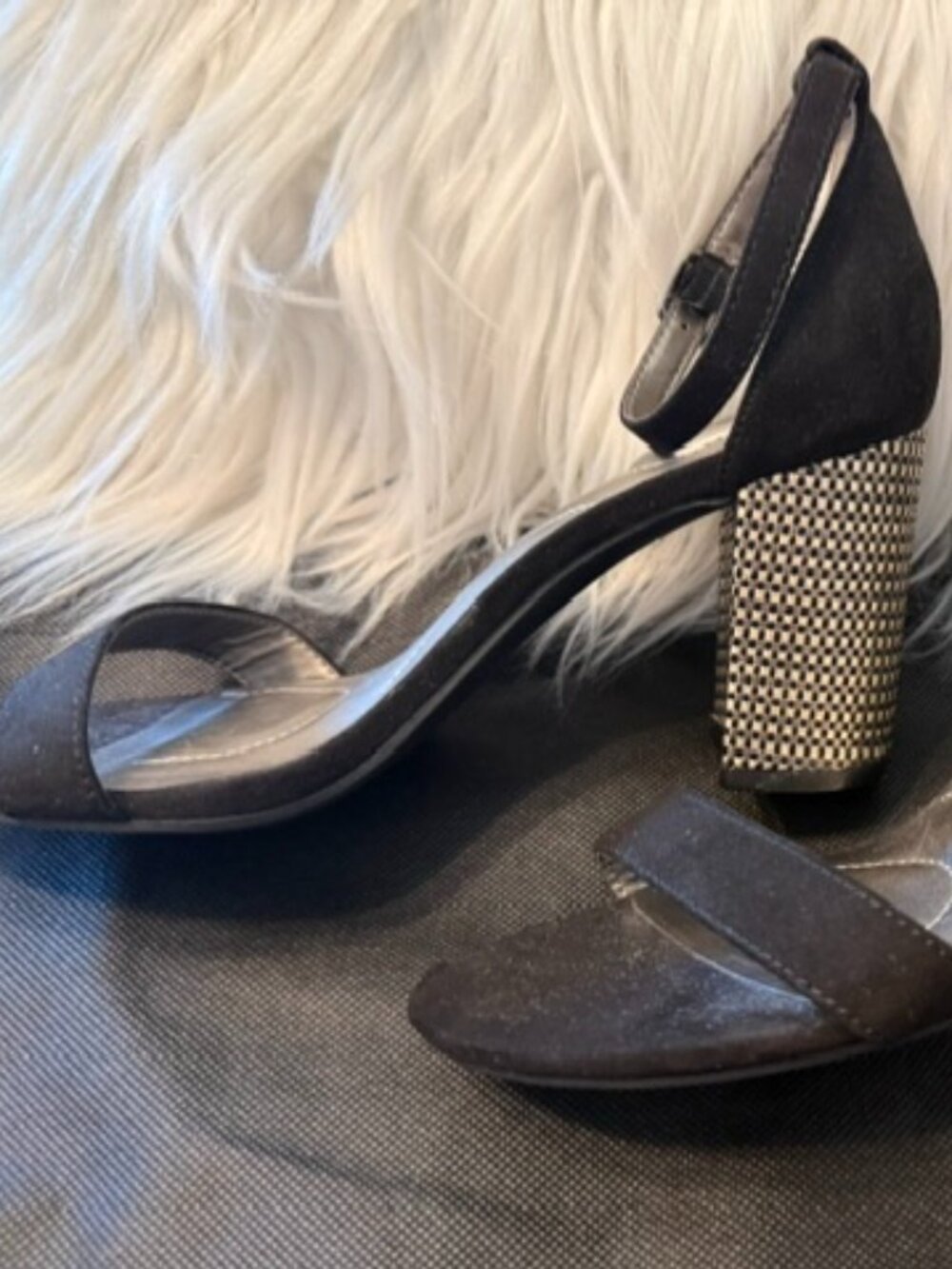 Bandolino, NWOT, Black Velvet Dress Shoe with Gold/Black Chunky Heel, Size 7